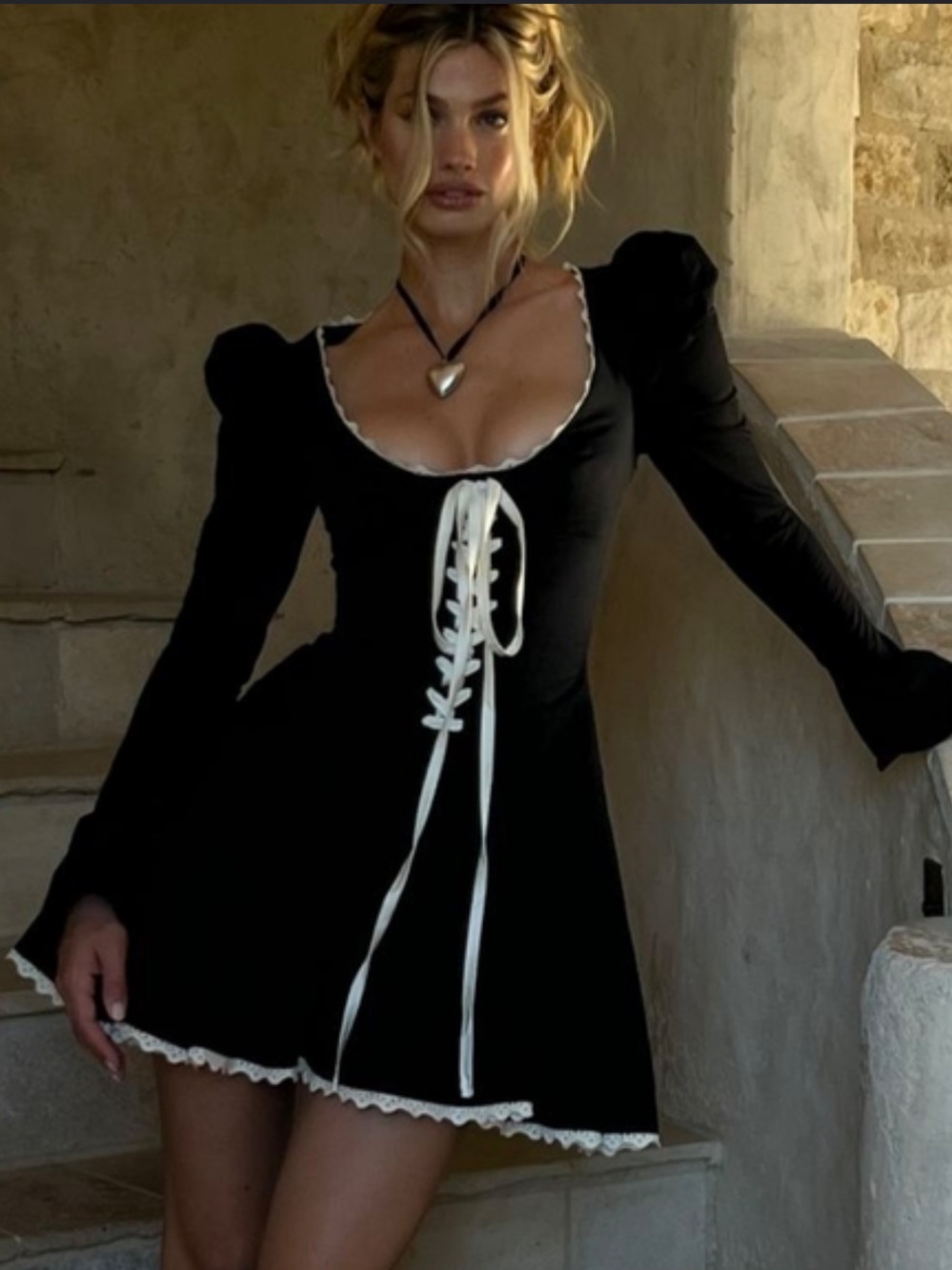 House of CB Larisa Black Cream Lace Up Corset Puff Sleeve Pleated Mini Dress XS - Picture 3 of 7
